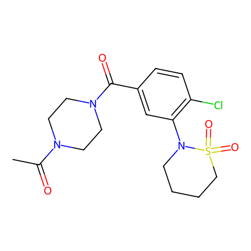 1-(4-(4-chloro-3-(1,1-dioxido-1,2-thiazinan-2-yl)benzoyl)piperazin-1-yl)ethanone structure