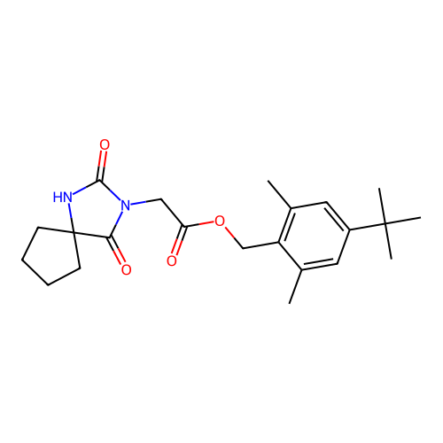 (4-tert-butyl-2,6-dimethylphenyl)methyl 2-(2,4-dioxo-1,3-diazaspiro[4.4]nonan-3-yl)acetate structure