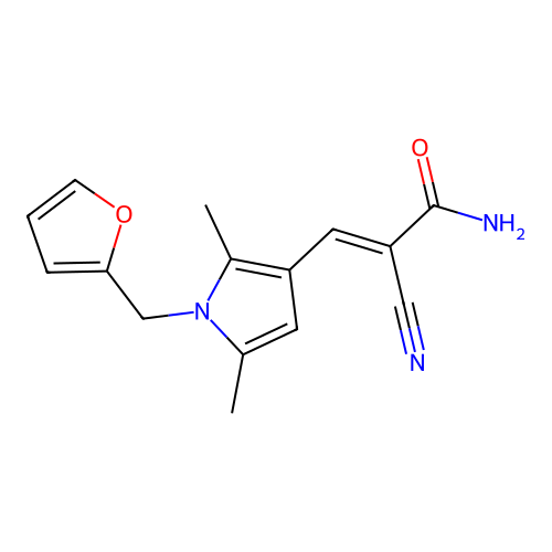 (E)-2-cyano-3-[1-(furan-2-ylmethyl)-2,5-dimethylpyrrol-3-yl]prop-2-enamide structure