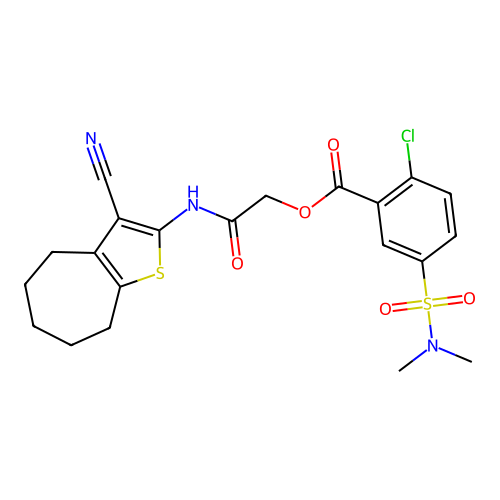 [2-[(3-cyano-5,6,7,8-tetrahydro-4H-cyclohepta[b]thiophen-2-yl)amino]-2-oxoethyl] 2-chloro-5-(dimethylsulfamoyl)benzoate structure