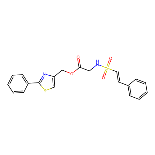 (2-phenyl-1,3-thiazol-4-yl)methyl 2-[[(E)-2-phenylethenyl]sulfonylamino]acetate structure
