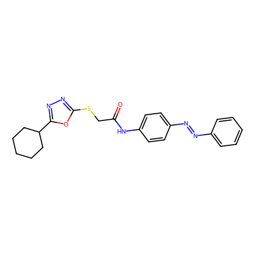 2-[(5-cyclohexyl-1,3,4-oxadiazol-2-yl)sulfanyl]-N-(4-phenyldiazenylphenyl)acetamide structure
