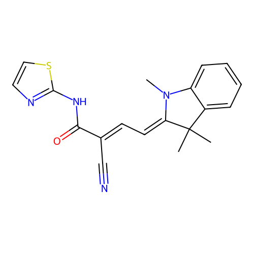 (E,4Z)-2-cyano-N-(1,3-thiazol-2-yl)-4-(1,3,3-trimethylindol-2-ylidene)but-2-enamide structure