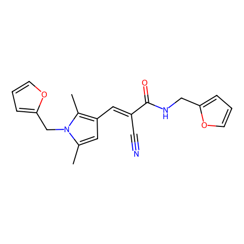 (E)-2-cyano-N-(furan-2-ylmethyl)-3-[1-(furan-2-ylmethyl)-2,5-dimethylpyrrol-3-yl]prop-2-enamide structure
