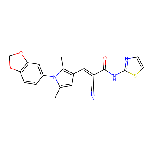 (E)-3-[1-(1,3-benzodioxol-5-yl)-2,5-dimethylpyrrol-3-yl]-2-cyano-N-(1,3-thiazol-2-yl)prop-2-enamide structure