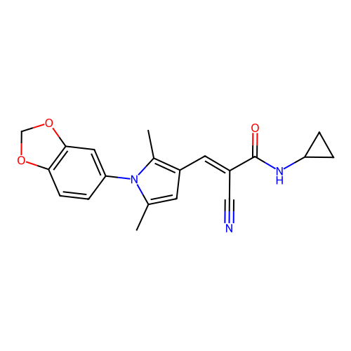 (E)-3-[1-(1,3-benzodioxol-5-yl)-2,5-dimethylpyrrol-3-yl]-2-cyano-N-cyclopropylprop-2-enamide structure