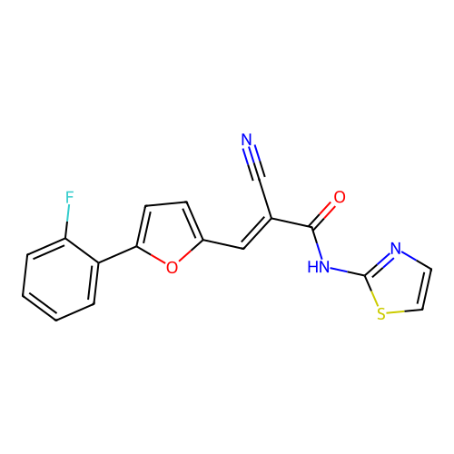 2-cyano-3-[5-(2-fluorophenyl)furan-2-yl]-N-(1,3-thiazol-2-yl)prop-2-enamide structure