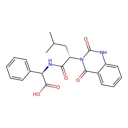 (2R)-{[(2S)-2-(2,4-dioxo-1,4-dihydroquinazolin-3(2H)-yl)-4-methylpentanoyl]amino}(phenyl)ethanoic acid structure