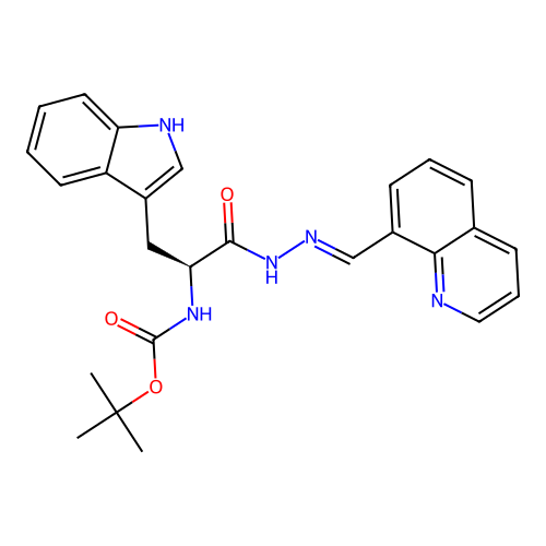 (S,E)-tert-butyl (3-(1H-indol-3-yl)-1-oxo-1-(2-(quinolin-8-ylmethylene)hydrazinyl)propan-2-yl)carbamate structure
