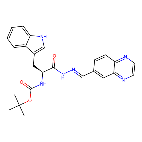 (S,E)-tert-butyl (3-(1H-indol-3-yl)-1-oxo-1-(2-(quinoxalin-6-ylmethylene)hydrazinyl)propan-2-yl)carbamate structure