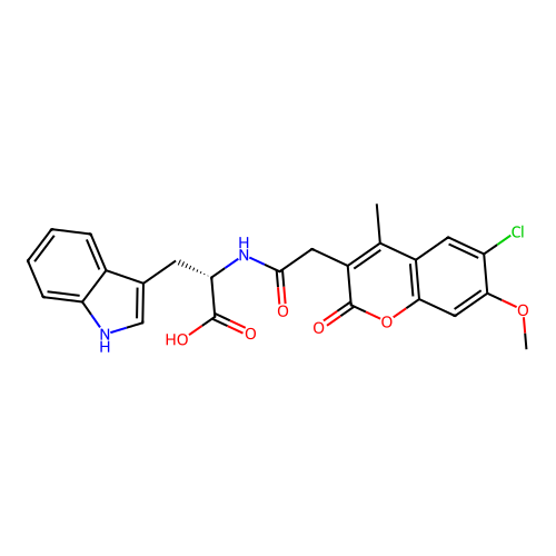 (S)-2-(2-(6-chloro-7-methoxy-4-methyl-2-oxo-2H-chromen-3-yl)acetamido)-3-(1H-indol-3-yl)propanoic acid structure
