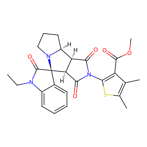 methyl 2-((3S,3a'R,8a'S,8b'S)-1-ethyl-1',2,3'-trioxo-3',3a',6',7',8',8a'-hexahydro-1'H-spiro[indoline-3,4'-pyrrolo[3,4-a]pyrrolizine]-2'(8b'H)-yl)-4,5-dimethylthiophene-3-carboxylate structure
