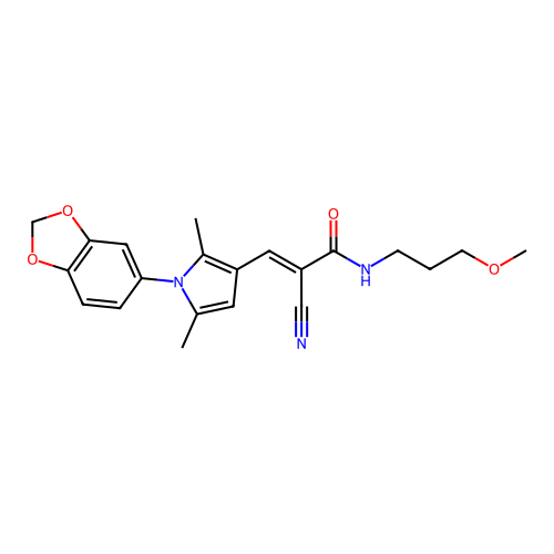 (E)-3-[1-(1,3-benzodioxol-5-yl)-2,5-dimethylpyrrol-3-yl]-2-cyano-N-(3-methoxypropyl)prop-2-enamide structure