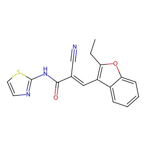 2-cyano-3-(2-ethyl-1-benzofuran-3-yl)-N-(1,3-thiazol-2-yl)prop-2-enamide structure