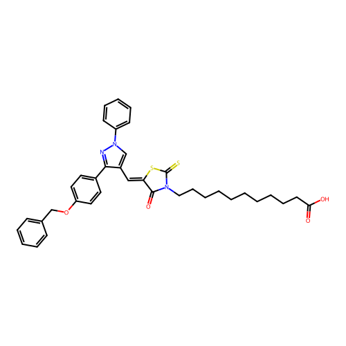 (Z)-11-(5-((3-(4-(benzyloxy)phenyl)-1-phenyl-1H-pyrazol-4-yl)methylene)-4-oxo-2-thioxothiazolidin-3-yl)undecanoic acid structure