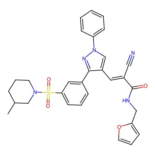 (2E)-2-cyano-N-(furan-2-ylmethyl)-3-(3-{3-[(3-methylpiperidin-1-yl)sulfonyl]phenyl}-1-phenyl-1H-pyrazol-4-yl)prop-2-enamide structure
