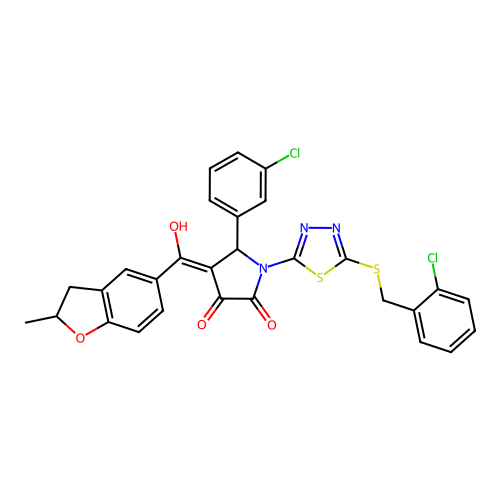 1-(5-((2-chlorobenzyl)thio)-1,3,4-thiadiazol-2-yl)-5-(3-chlorophenyl)-3-hydroxy-4-(2-methyl-2,3-dihydrobenzofuran-5-carbonyl)-1H-pyrrol-2(5H)-one structure