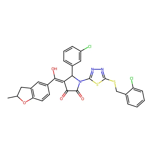 (4E)-5-(3-氯苯基)-1-[5-[(2-氯苯基)甲硫基]-1,3,4-噻二唑-2-基]-4-[羟基-(2-甲基-2,3-二氢-1-苯并呋喃-5-基)亚甲基]吡咯烷-2,3-二酮 structure