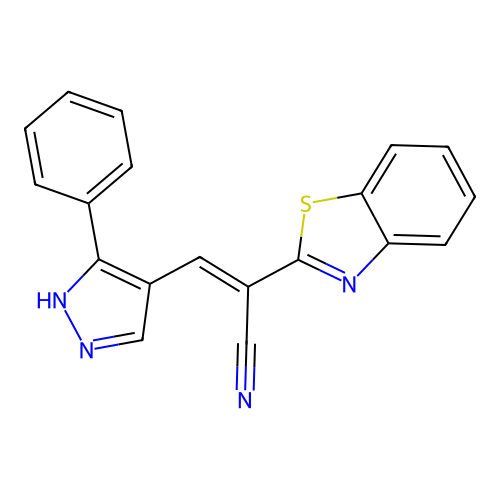 (E)-2-(benzo[d]thiazol-2-yl)-3-(3-phenyl-1H-pyrazol-4-yl)acrylonitrile structure