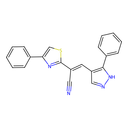 (2E)-3-(3-phenyl-1H-pyrazol-4-yl)-2-(4-phenyl-1,3-thiazol-2-yl)prop-2-enenitrile structure