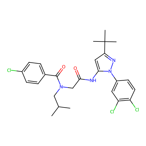 N-[2-[[5-tert-butyl-2-(3,4-dichlorophenyl)pyrazol-3-yl]amino]-2-oxoethyl]-4-chloro-N-(2-methylpropyl)benzamide structure