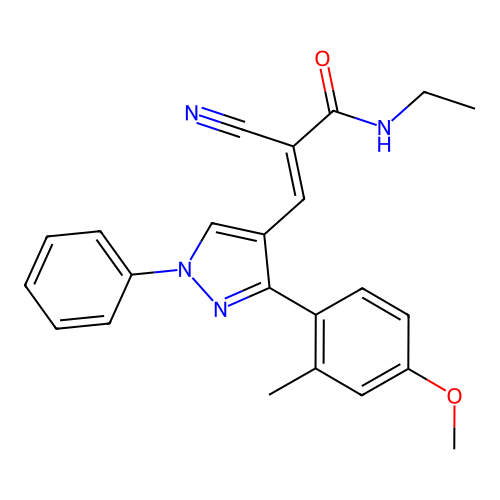 (E)-2-cyano-N-ethyl-3-[3-(4-methoxy-2-methylphenyl)-1-phenylpyrazol-4-yl]prop-2-enamide structure