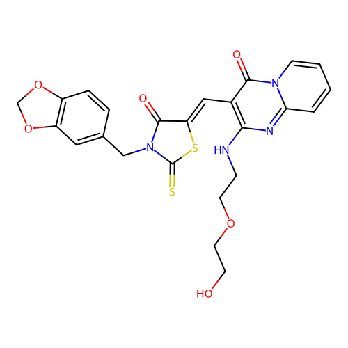 3-{(Z)-[3-(1,3-benzodioxol-5-ylmethyl)-4-oxo-2-thioxo-1,3-thiazolidin-5-ylidene]methyl}-2-{[2-(2-hydroxyethoxy)ethyl]amino}-4H-pyrido[1,2-a]pyrimidin-4-one structure