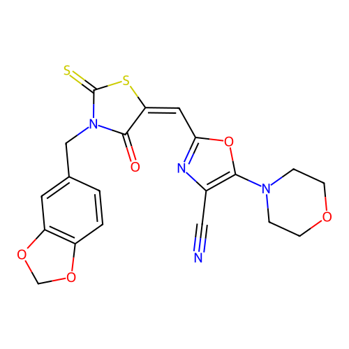 (E)-2-((3-(benzo[d][1,3]dioxol-5-ylmethyl)-4-oxo-2-thioxothiazolidin-5-ylidene)methyl)-5-morpholinooxazole-4-carbonitrile structure