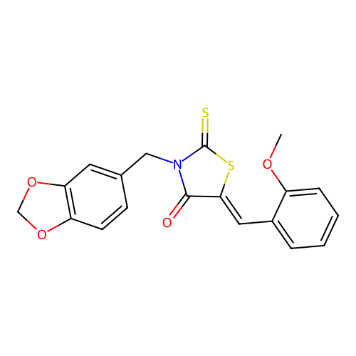 (5Z)-3-(1,3-benzodioxol-5-ylmethyl)-5-(2-methoxybenzylidene)-2-thioxo-1,3-thiazolidin-4-one structure