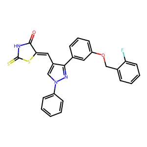 (5Z)-5-[(3-{3-[(2-fluorobenzyl)oxy]phenyl}-1-phenyl-1H-pyrazol-4-yl)methylidene]-2-thioxo-1,3-thiazolidin-4-one structure