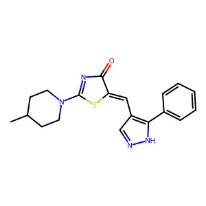 (Z)-2-(4-methylpiperidin-1-yl)-5-((3-phenyl-1H-pyrazol-4-yl)methylene)thiazol-4(5H)-one structure