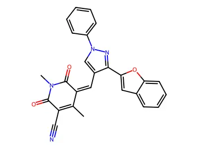 5-[[3-(1-benzofuran-2-yl)-1-phenylpyrazol-4-yl]methylidene]-1,4-dimethyl-2,6-dioxopyridine-3-carbonitrile structure