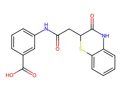 3-(2-(3-oxo-3,4-dihydro-2H-benzo[b][1,4]thiazin-2-yl)acetamido)benzoic acid structure