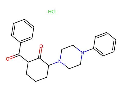 2-Benzoyl-6-(4-phenylpiperazin-1-yl)cyclohexan-1-one--hydrogen chloride (1/1) structure
