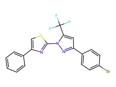 2-[3-(4-bromophenyl)-5-(trifluoromethyl)-1H-pyrazol-1-yl]-4-phenyl-1,3-thiazole structure