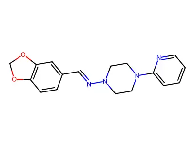 N-[(E)-1,3-benzodioxol-5-ylmethylidene]-4-(pyridin-2-yl)piperazin-1-amine structure