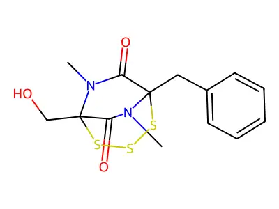 2-Benzyl-1,4-dimethyl-5-hydroxymethyl-2,5-epi-trithia-3,6-diketopiperazine structure