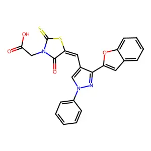 (Z)-2-(5-((3-(benzofuran-2-yl)-1-phenyl-1H-pyrazol-4-yl)methylene)-4-oxo-2-thioxothiazolidin-3-yl)acetic acid structure