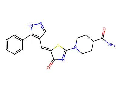 1-[4-oxo-5-[(5-phenyl-1H-pyrazol-4-yl)methylidene]-1,3-thiazol-2-yl]piperidine-4-carboxamide structure