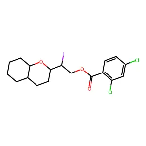 Benzoic acid, 2,4-dichloro-, 2-iodo-2-(octahydro-2H-1-benzopyran-2-yl)ethyl ester, (2alpha(R*),4aalpha,8abeta)- structure