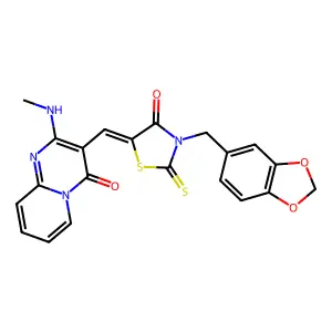 3-{(Z)-[3-(1,3-benzodioxol-5-ylmethyl)-4-oxo-2-thioxo-1,3-thiazolidin-5-ylidene]methyl}-2-(methylamino)-4H-pyrido[1,2-a]pyrimidin-4-one structure