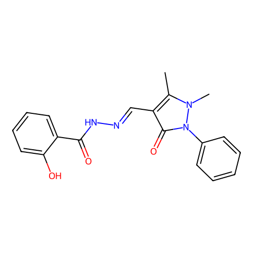 N-[(E)-(1,5-dimethyl-3-oxo-2-phenyl-pyrazol-4-yl)methyleneamino]-2-hydroxy-benzamide structure