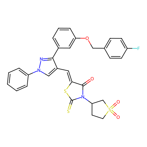 (5Z)-3-(1,1-dioxothiolan-3-yl)-5-[[3-[3-[(4-fluorophenyl)methoxy]phenyl]-1-phenylpyrazol-4-yl]methylidene]-2-sulfanylidene-1,3-thiazolidin-4-one structure