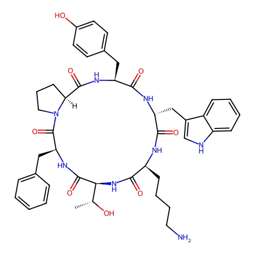 (3S,6S,9S,12R,15S,18S)-9-(4-氨基丁基)-3-苄基-6-[(1R)-1-羟基乙基]-15-[(4-羟基苯基)甲基]-12-(1H-吲哚-3-基甲基)-1,4,7,10,13,16-六氮杂双环[16.3.0]二十一二十烷-2,5,8,11,14,17-己酮 structure