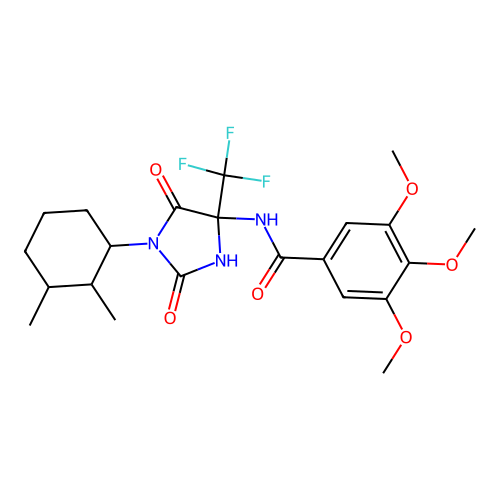 N-(1-(2,3-dimethylcyclohexyl)-2,5-dioxo-4-(trifluoromethyl)imidazolidin-4-yl)-3,4,5-trimethoxybenzamide structure