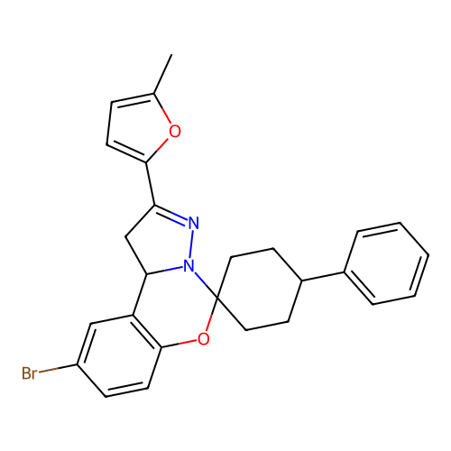 9'-bromo-2'-(5-methylfuran-2-yl)-4-phenyl-1',10b'-dihydrospiro[cyclohexane-1,5'-pyrazolo[1,5-c][1,3]benzoxazine] structure