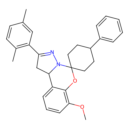 2'-(2,5-dimethylphenyl)-7'-methoxy-4-phenyl-1',10b'-dihydrospiro[cyclohexane-1,5'-pyrazolo[1,5-c][1,3]benzoxazine] structure