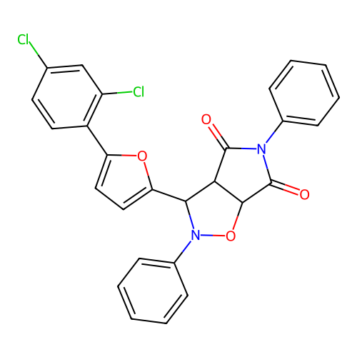 3-(5-(2,4-dichlorophenyl)furan-2-yl)-2,5-diphenyldihydro-2H-pyrrolo[3,4-d]isoxazole-4,6(5H,6aH)-dione structure