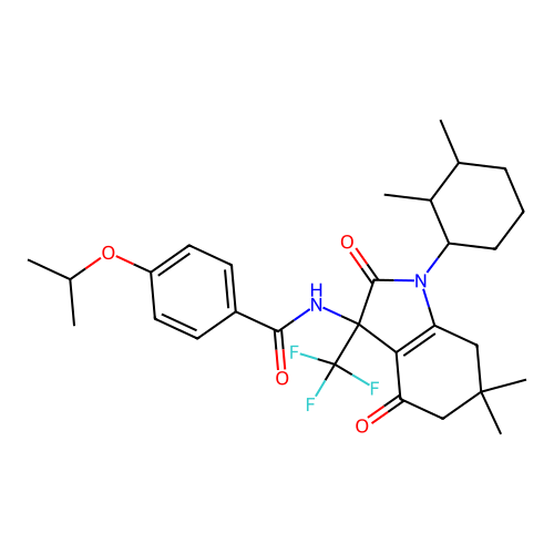 N-(1-(2,3-dimethylcyclohexyl)-6,6-dimethyl-2,4-dioxo-3-(trifluoromethyl)-2,3,4,5,6,7-hexahydro-1H-indol-3-yl)-4-isopropoxybenzamide structure