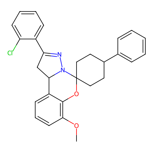 2'-(2-chlorophenyl)-7'-methoxy-4-phenyl-1',10b'-dihydrospiro[cyclohexane-1,5'-pyrazolo[1,5-c][1,3]benzoxazine] structure